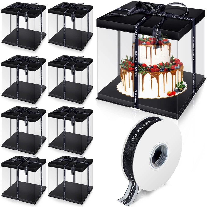 9 PCS 10x10x9 Inch Black Large Clear PET Tall Cake Box With Ribbon Bakery