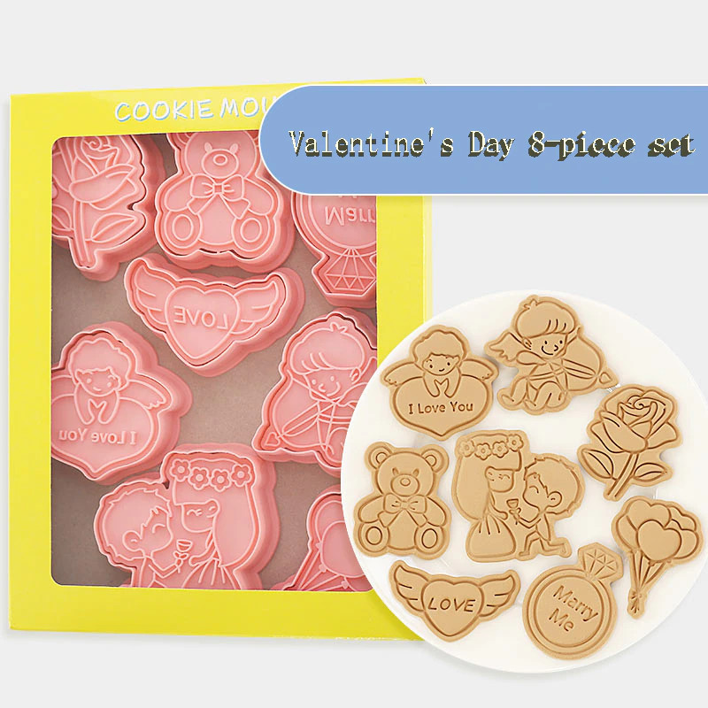 8Pcs/Set Love Theme Cookie Cutters 3D Valentine’S Day Cartoon Pressable Biscuit