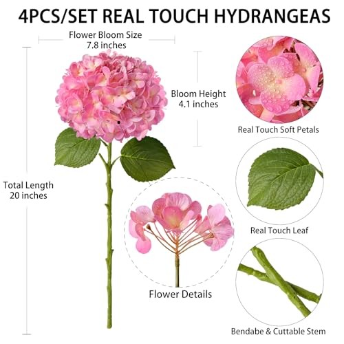 4 Pcs 20'' Real Touch Hydrangeas Pink Artificial Hydrangeas Flowers Faux Latex gallery