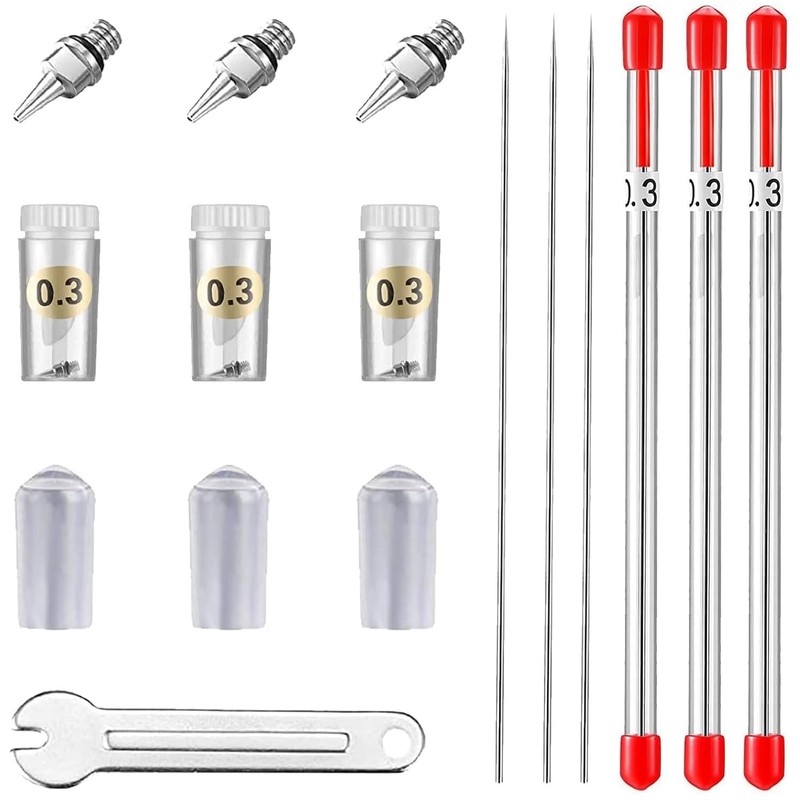 HUBEST 10Pcs Airbrush Replacement Parts Kit, 0.3mm Needle & 0.3MM, SILVER