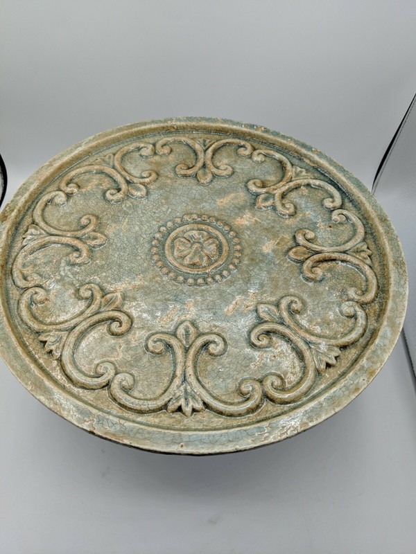Lrge Cake Plate Stand Ceramic Privilege International 12.5″ X 7″ Distressed Look