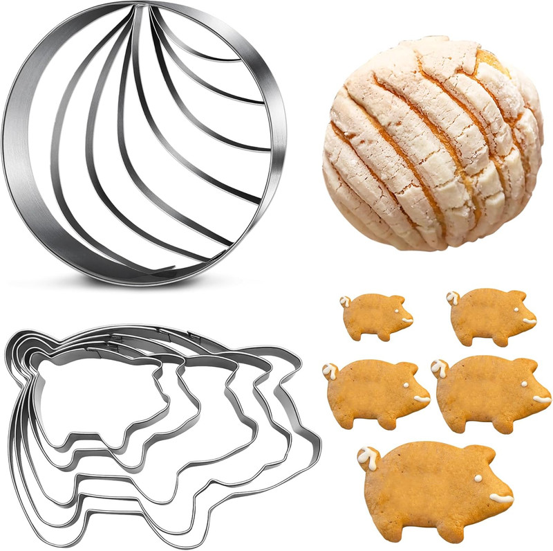 Concha Cutter Mexican Bread Mold 4.1 Inch with 5 Sizes Pig Cookie Cutter Set, Me gallery