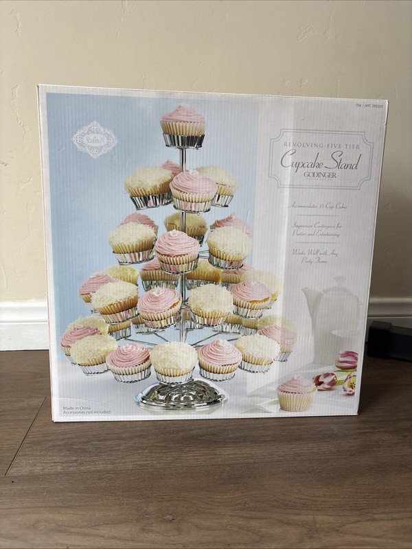 Godinger Revolving Five Tier Cupcake Stand Holds 35 Cupcakes Silver NEW