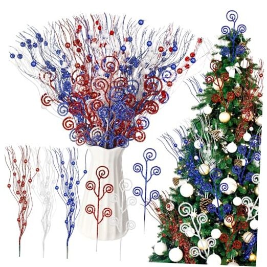 Daifunli 36 Pcs Patriotic Berry Stem Pick and Sprays Ornament Red Blue White