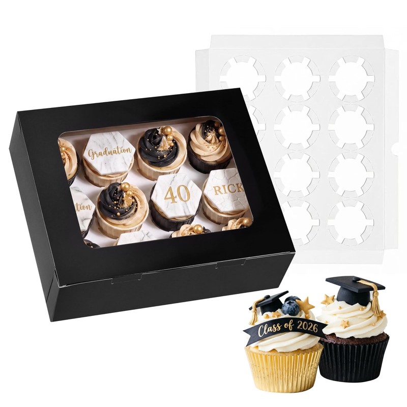 3 PCS Black Cupcake Boxes With Window Hold 12 Count Containers For Desserts