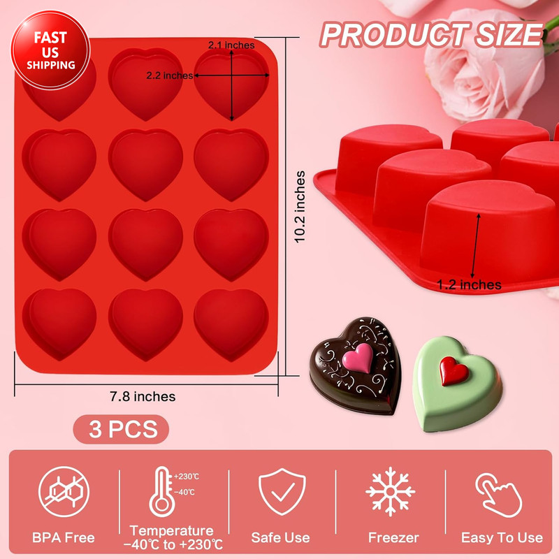 3 Pieces Heart Silicone Molds 12 Cavities Non-Stick Silicone Heart Shaped Chocol gallery
