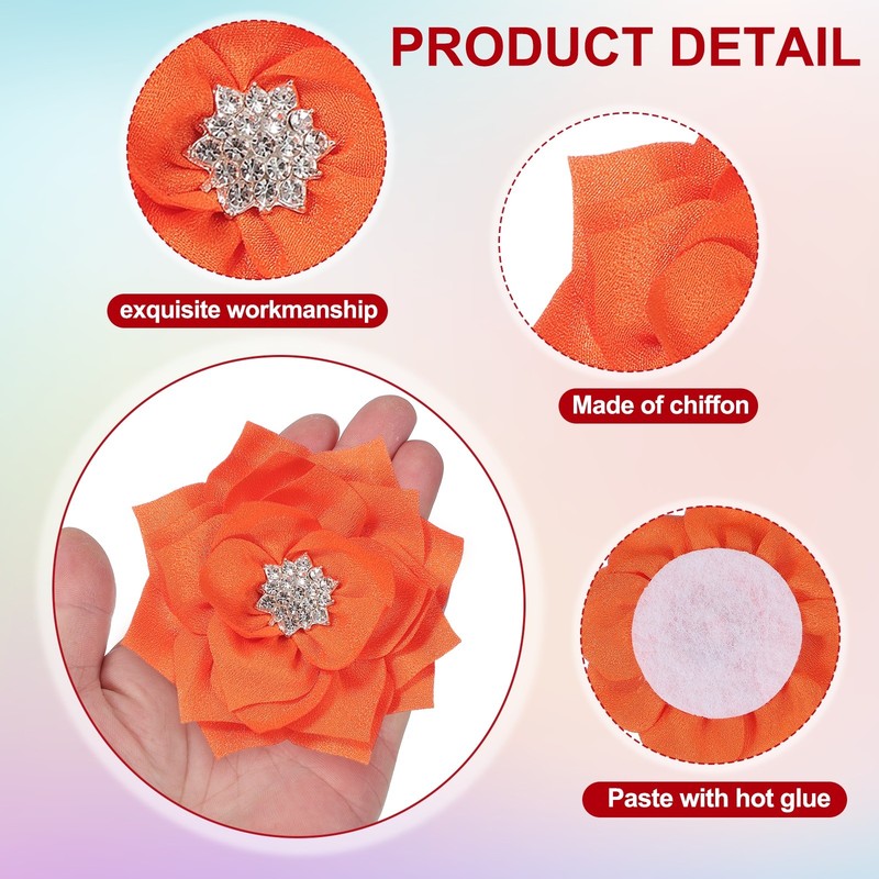 3 Inch 5 Pcs Rhinestone Pearl Chiffon Flower, Orange gallery