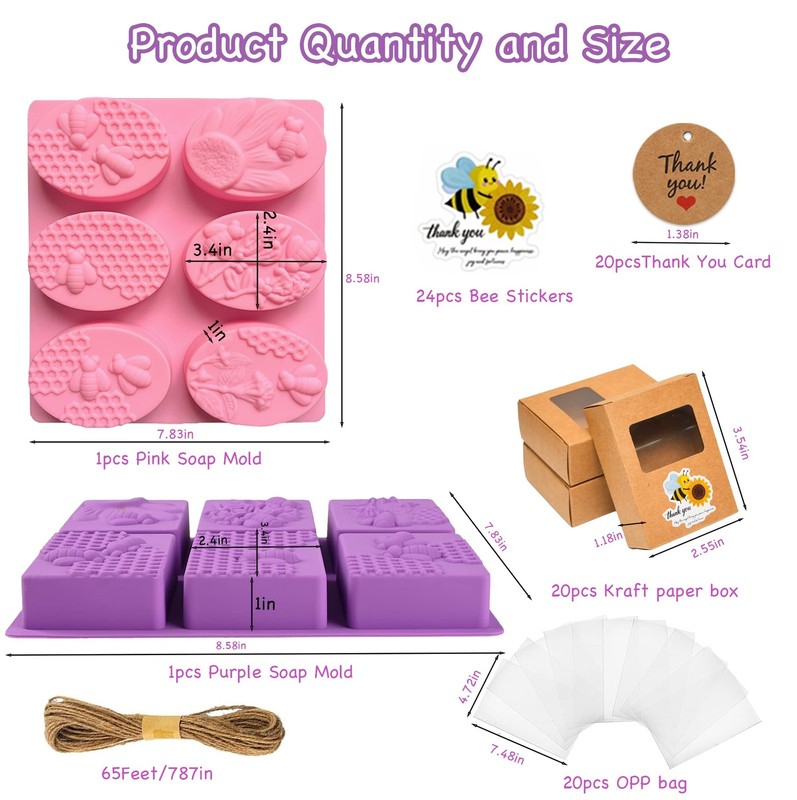 87 pcs Soap Making Kit with 2 Pack Bee Silicone Molds, purple，pink gallery