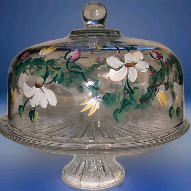 Cake Pedestal Glass Dome Covered Stand Hand Painted Floral Signed 11"W OOAK gallery