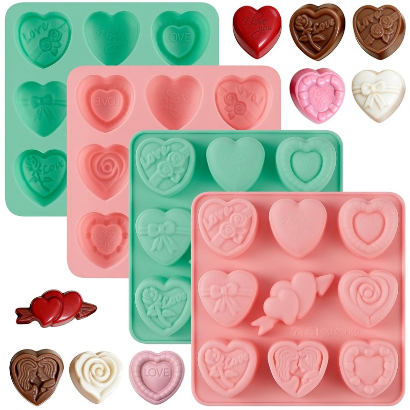 Heart Shaped Chocolate Molds Mini 9Design Love Silicone Candy 4 PCS