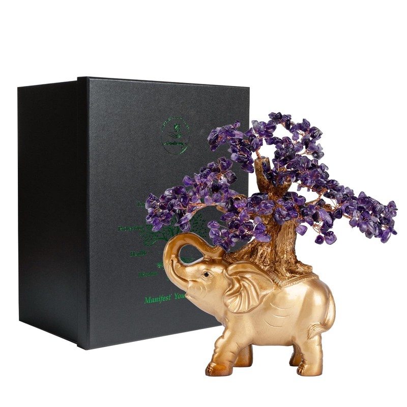 Gemboury Amethyst Crystal Money Tree On Gold Mini Elephant Statue 10Gemstone gallery