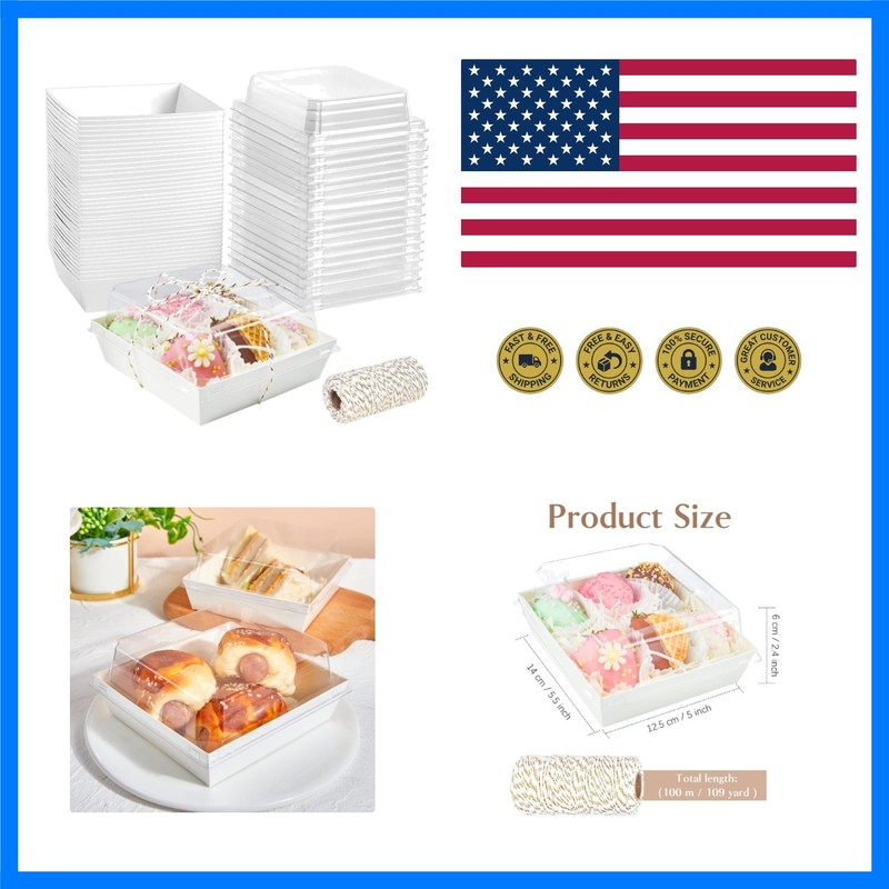 Paper Charcuterie Boxes with Clear Lids, 50 Pack, 5 Inch, White | Small, Squa…