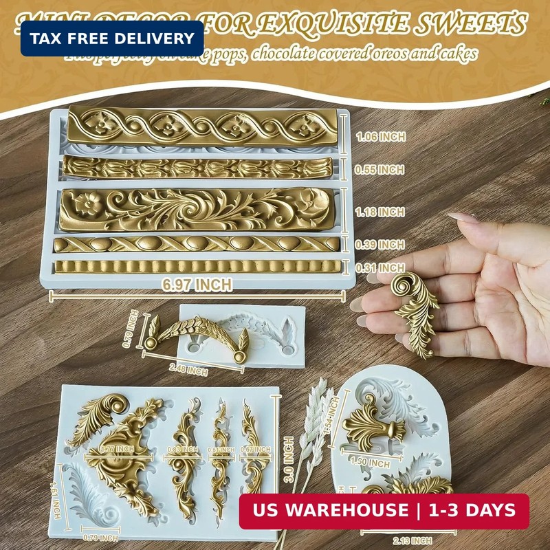 HKNMTT Baroque Style Silicone Molds Curlicues Scroll 3D Border for Clay Fondant gallery
