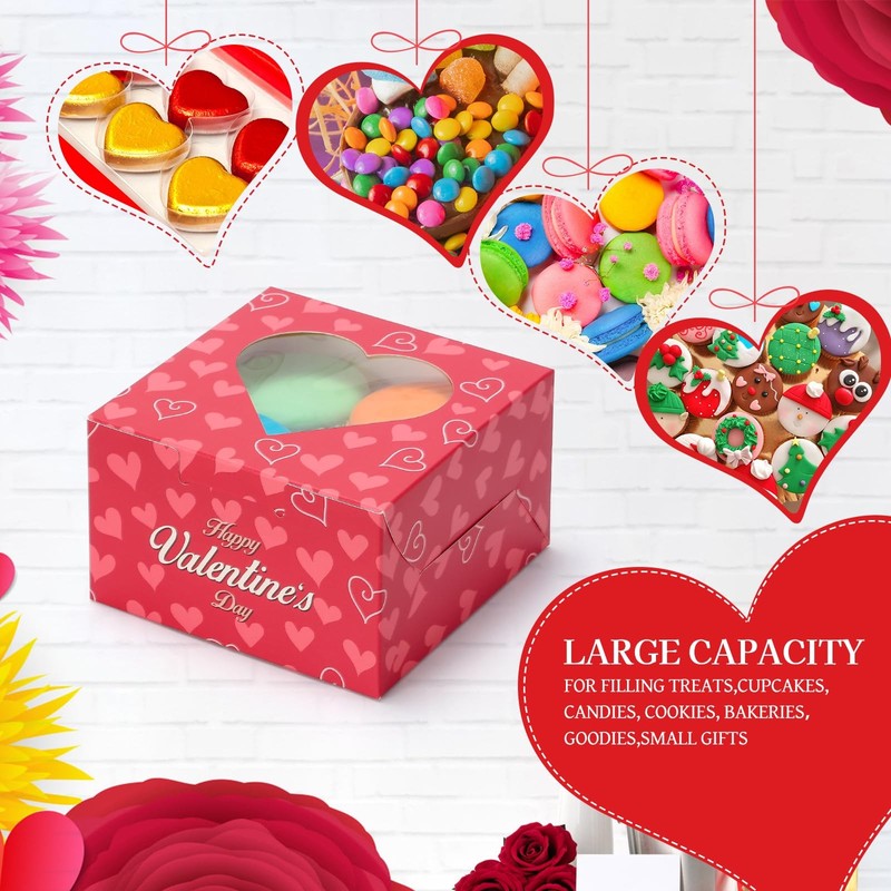 Valentine Cookie Treat Boxes 4x4x2.5 Inches Heart Window Cupcake Box 30 PCS gallery