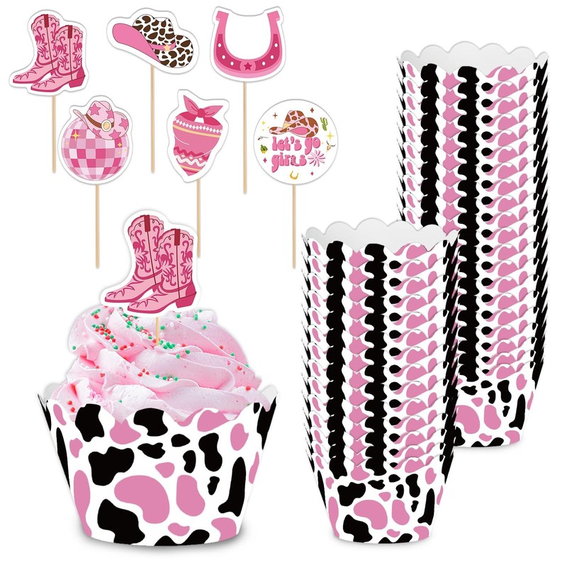 72 PCS Cowboy Cupcake Wrappers And Cake Toppers Birthday Party Decor Pink