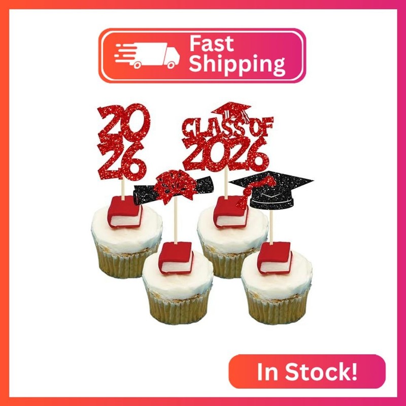 Ephlyn 36Pcs 2026 Graduation Theme Cupcake Toppers Glitter Class of 2026 Congrat