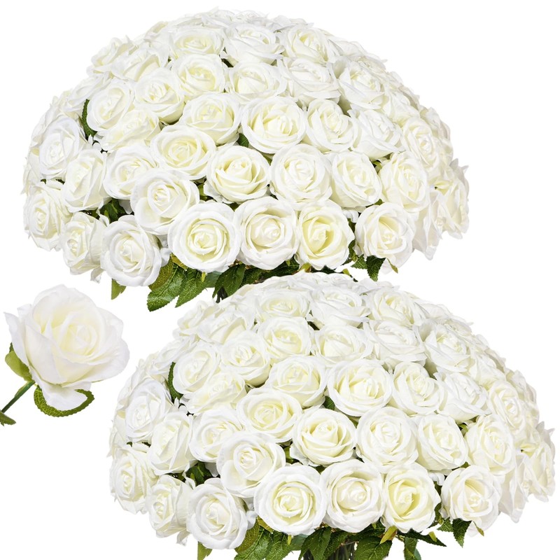 LetuoClips 50 PCS White Roses Artificial Flowers, Fake White Roses Bouquet,White