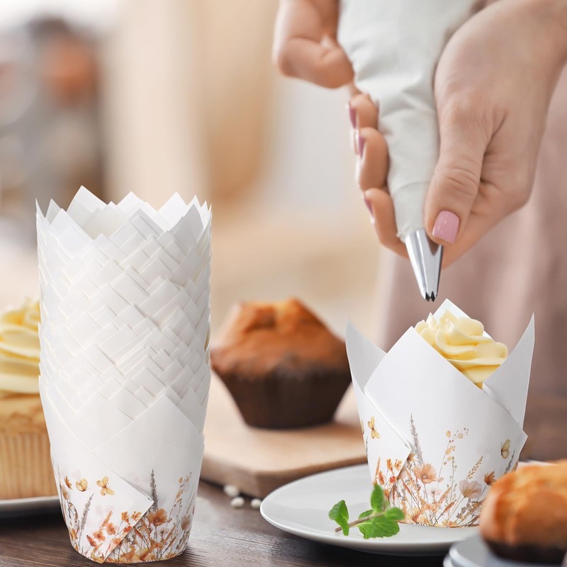 200 PCS Fall Floral Tulip Cupcake Liners Autumn Wildflower Muffin Cups gallery