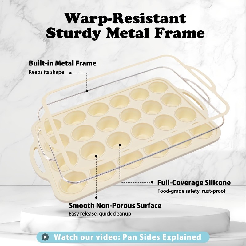 Silicone Mini Muffin Pan with Frame: 24 Cups-2 pcs, Mint Green & Beige gallery