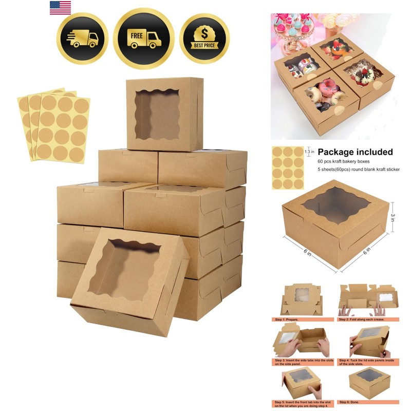 60 pcs Bakery Boxes with Window, 6 x 6 x 3 inches, Kraft Cookie Boxes Pastry …