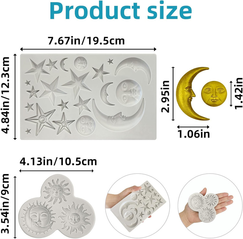 2 Pcs Sun Face Moon Star Silicone Molds Star Fondant Cake Molds Candy Polymer Cl gallery