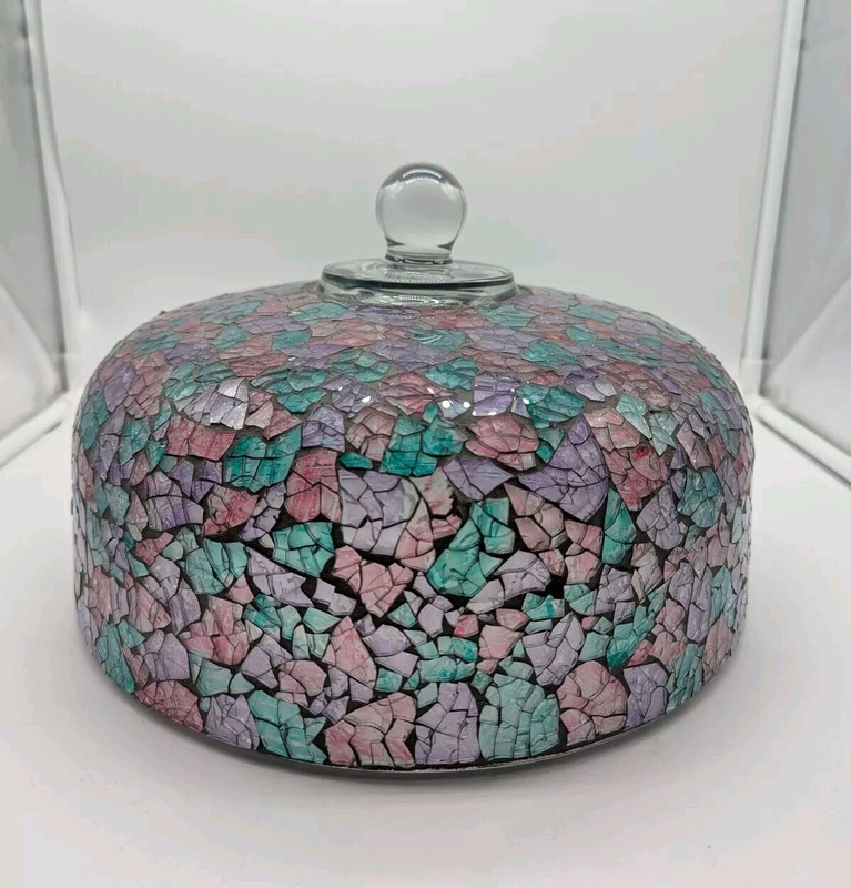 Stained Glass? Leaded Glass STUNNING Cake Dome *Lid Only* Pink Purple Teal