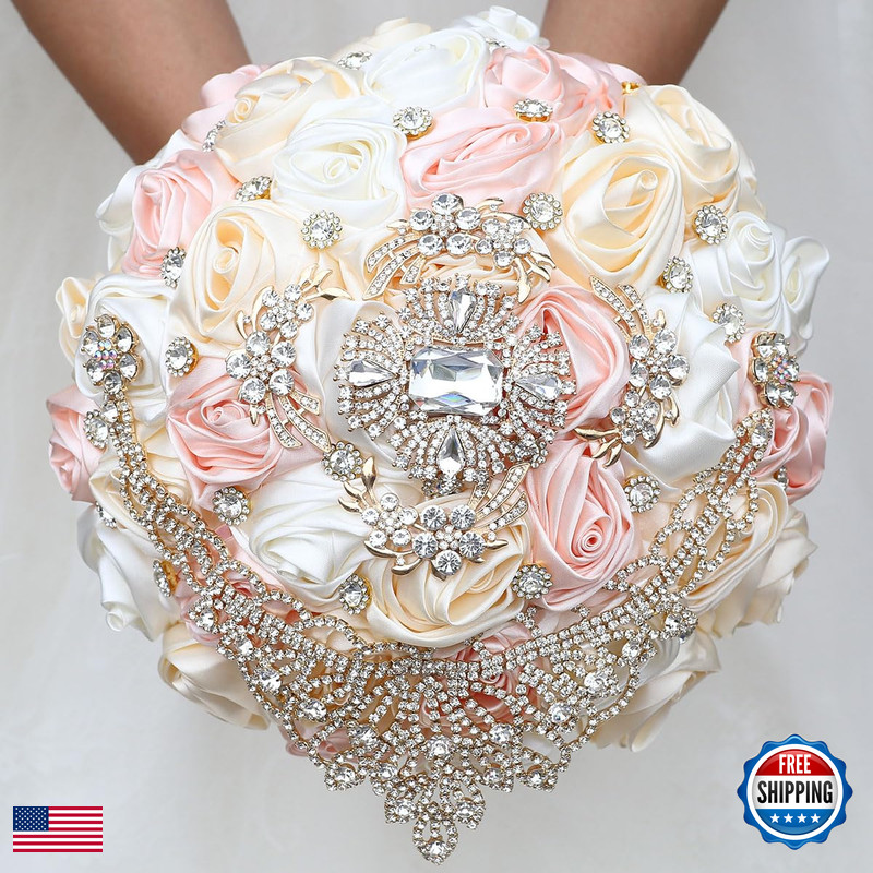 Mhojpik Bridal Wedding Bouquet Round Bling Brooch Holding Bouquet Artificial