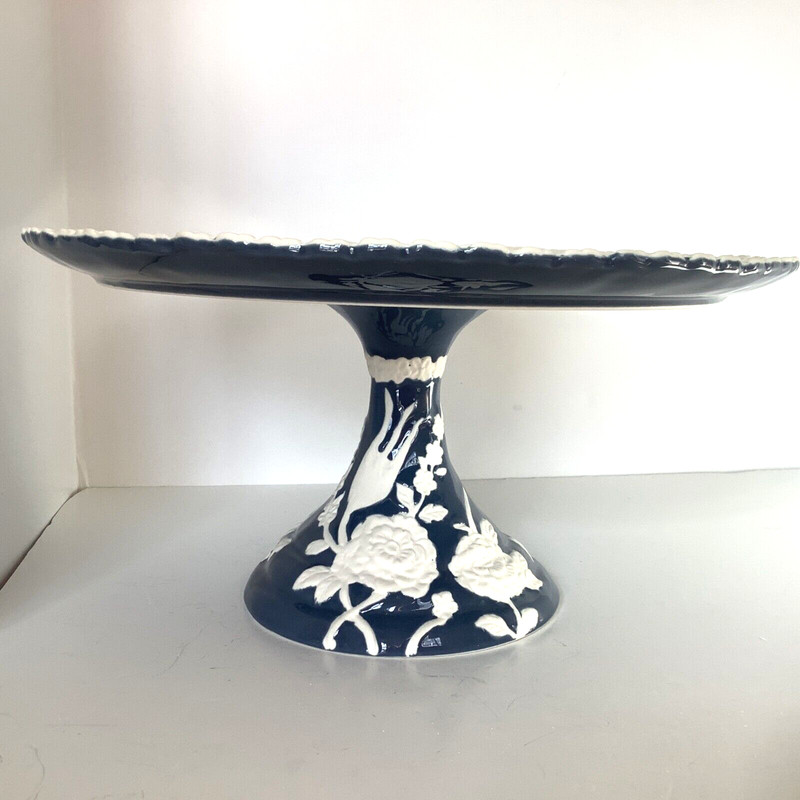 Anthropologie Turkuaz Kitchen Posy Cake Stand Betul Blue White Floral 11.5"D New gallery