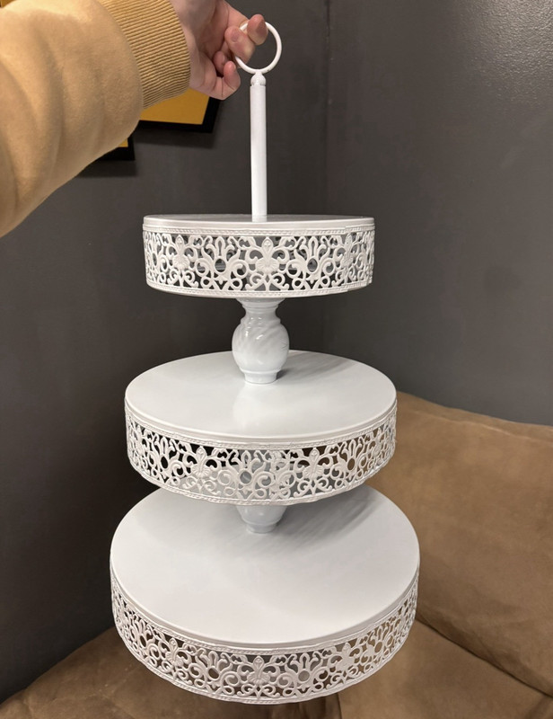 3-Tier Round White Painted Metal Cake Stand with Handle Floral Cutout Design