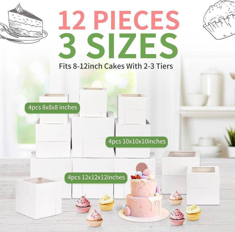 Moretoes 12 Pcs Cake Box, Tall Cake Boxes with Window in 3 Sizes 12x12x12 10x10x gallery