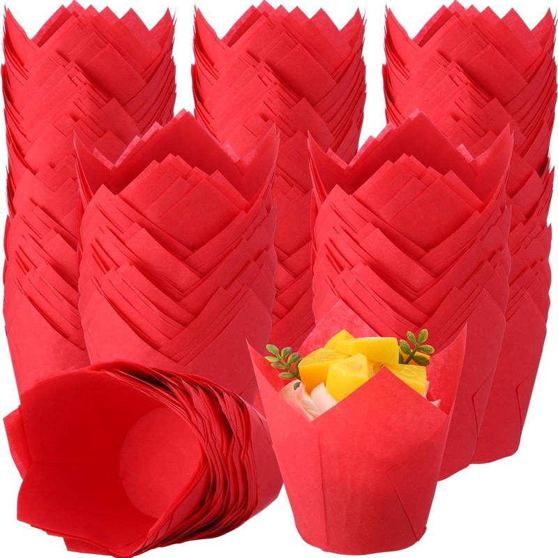 600 Pcs Tulip Cupcake Liners Baking Muffin Printed Cups Greaseproof Red Wrapper