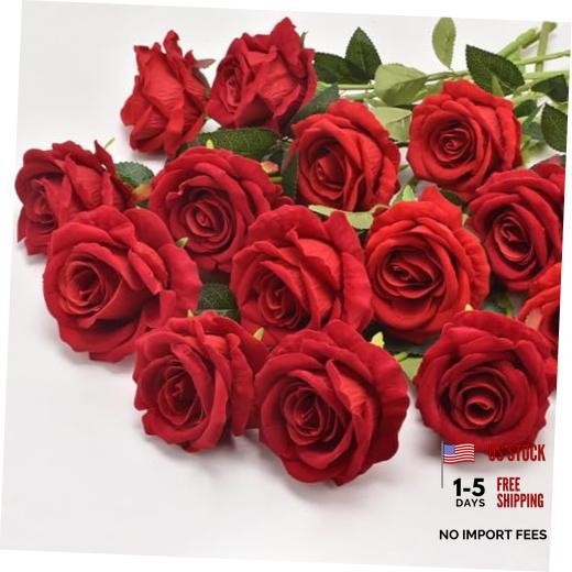 Fake Roses Artificial Flowers 10 Pcs Real Touch Silk Faux Roses with Wine Red