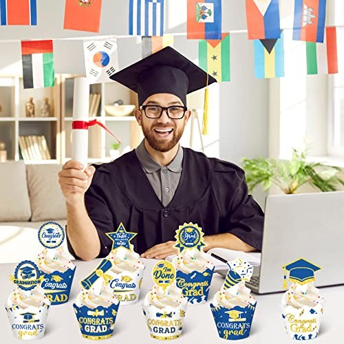 96 Pcs Graduation Cupcake Wrappers Toppers Class of 2026 Congrats Blue Gold gallery