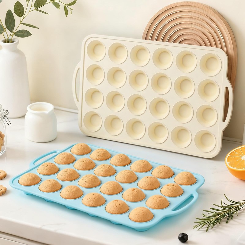Silicone Mini Muffin Pan with Frame: 24 Cups-2 pcs, Mint Green & Beige