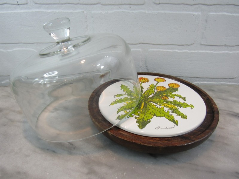 Vintage Goodwood Teak Wood TILE DANDELION Covered Glass Cheese Dome Cake MCM gallery