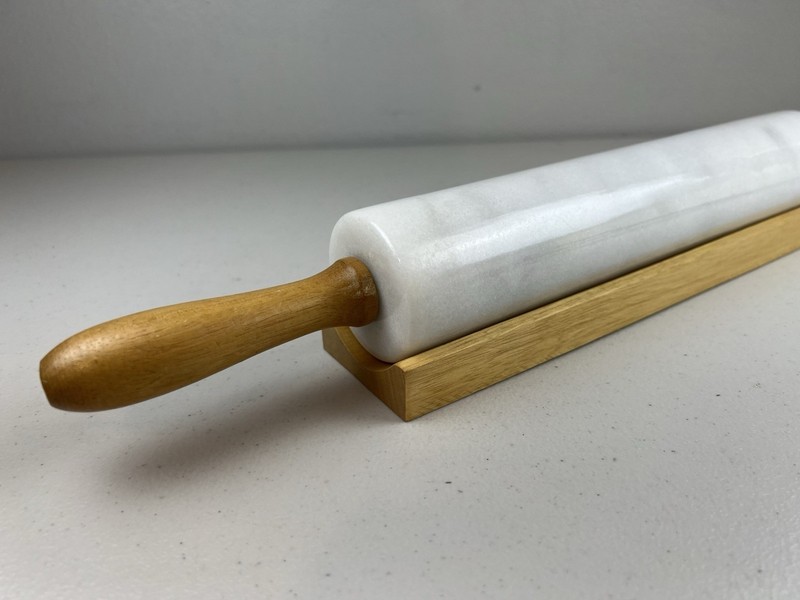 Vintage White Marble Rolling Pin with Wood Handles and Matching Cradle Base 18in gallery