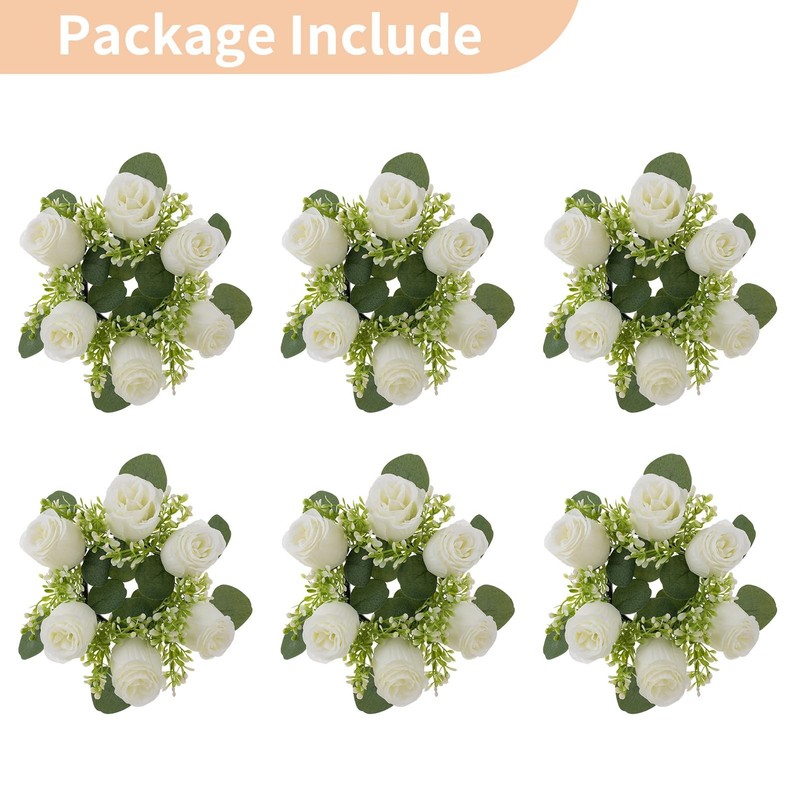 NUPTIO 9.05" White Artificial Rose Flower Wreath for Table Centerpieces, 6-Pack gallery