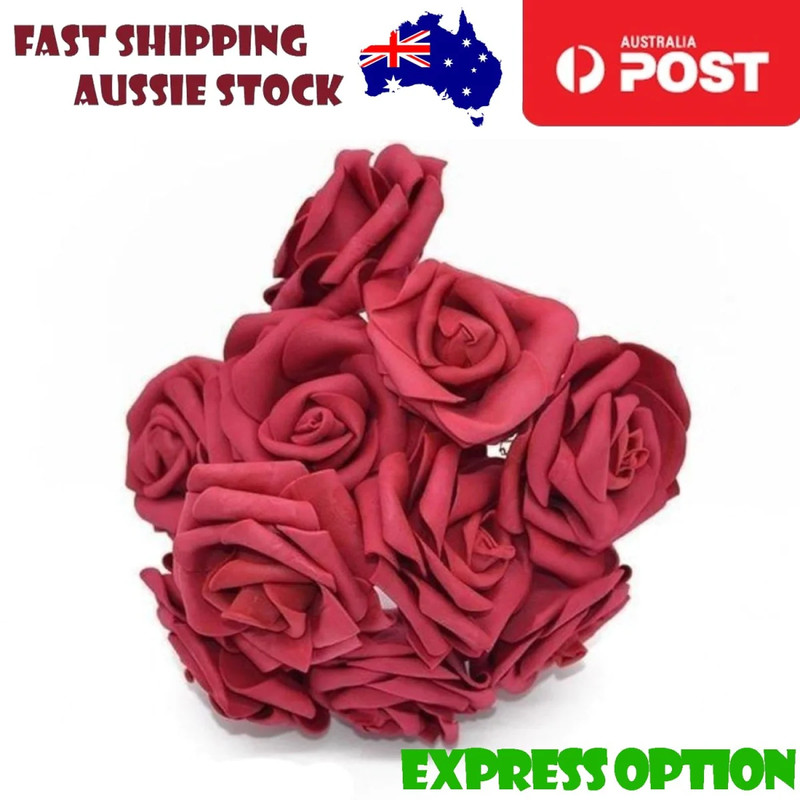 20pcs 7cm Burgundy Foam Flowers Rose Stems Artificial Wedding Bride Bouquet