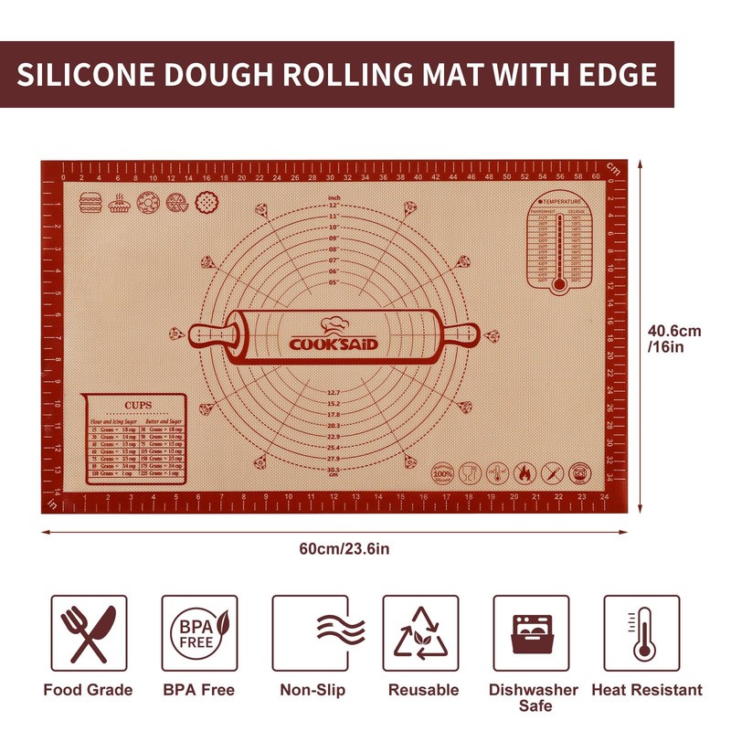 Cook's Aid Silicone Pastry Mat Extra Large with Measurements 26"L x 16"W, Red gallery