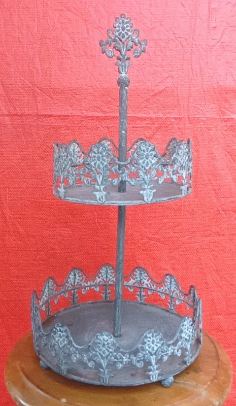 TWO Antique STYLE French Provincial Two Tiered Cake Stands 16X9″ GREY DISTRESSED