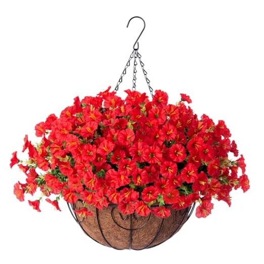 Artificial Faux Hanging Flowers Plants Baskets for Outdoors Outside Spring Red