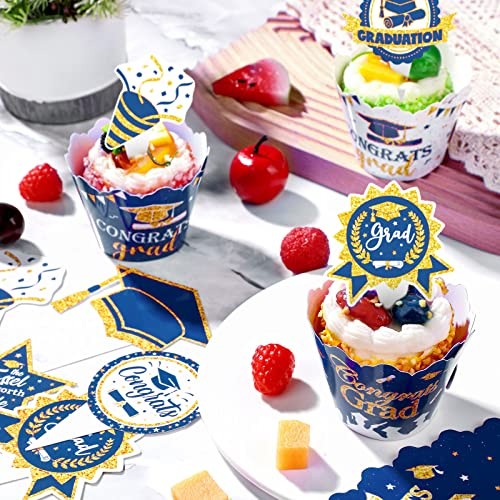96 Pcs Graduation Cupcake Wrappers Toppers Class of 2026 Congrats Blue Gold gallery