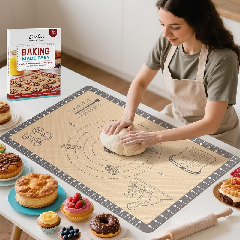 Silicone Baking Mat with 10 Quick Recipes, Extra Thick 26"L x 16"W, Gray