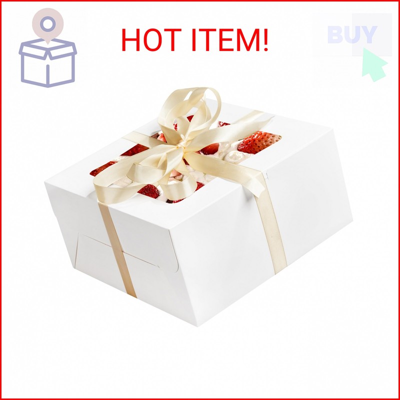 RACETOP 24pcs Cake Boxes with Window, 10x10x5 Inches White Bakery Boxes, Cookie