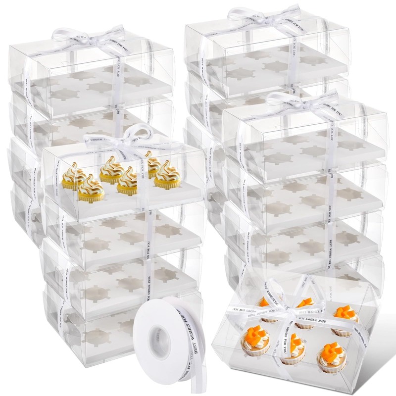 30 PCS Clear Cupcake Boxes 6Count Containers Decorative Ribbons Carrier