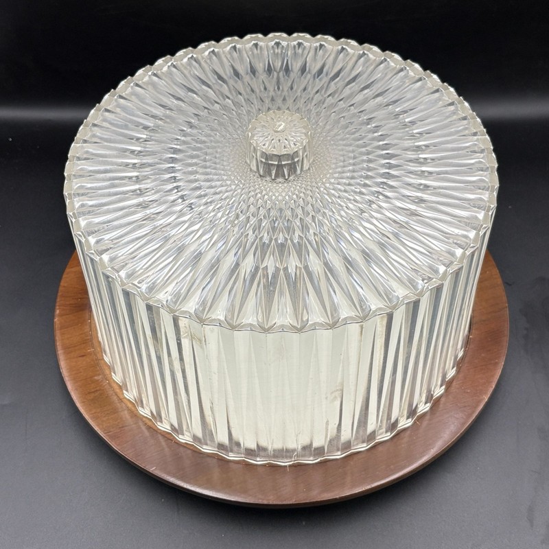 MCM Vintage Hellerware Plastic & Wood Base Cake Stand Dome Lid w/ Insert Hosting gallery