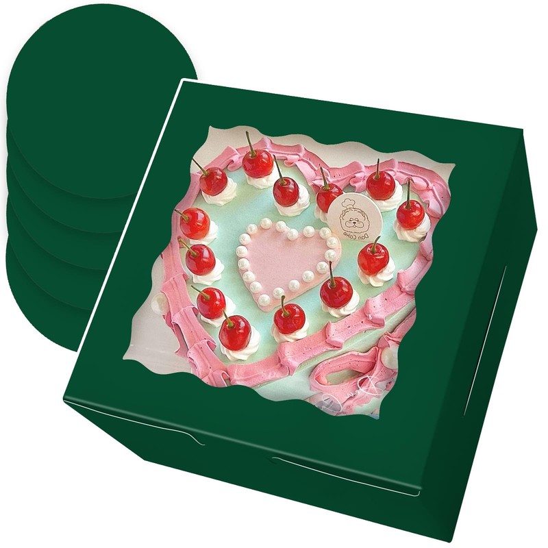 18 Sets 8x8x5″ Deep Green Cake Boxes with Window 8″ Round Cake Boards