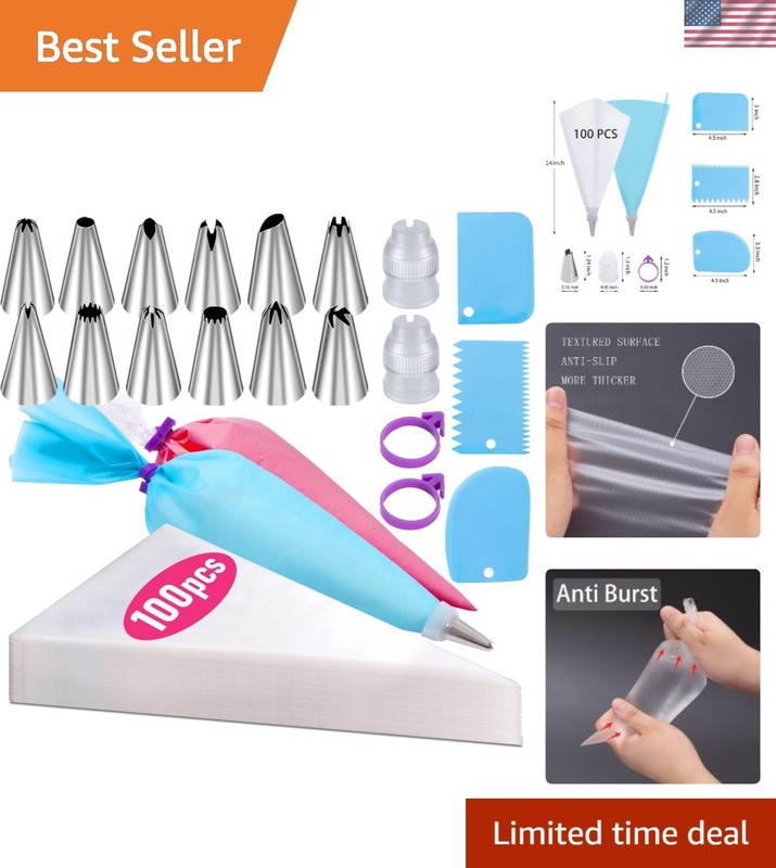100-Piece Cake Decorating Set: Disposable Piping Bags & Stainless Steel Tips