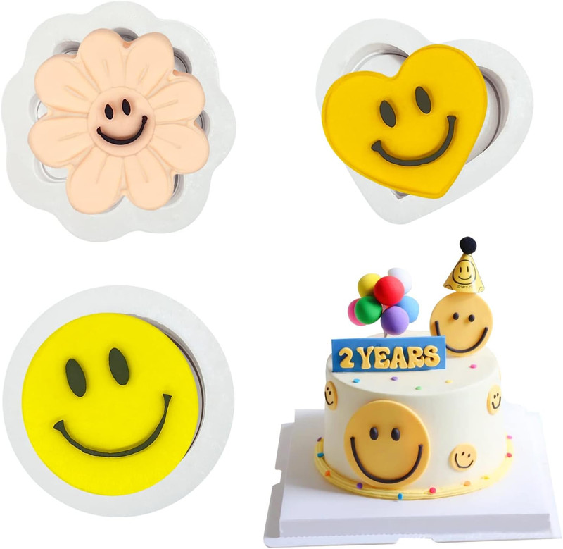 Smiley Face Fondant Molds (3Pcs), Smile Flower Heart Cake Decorating Silicone Mo