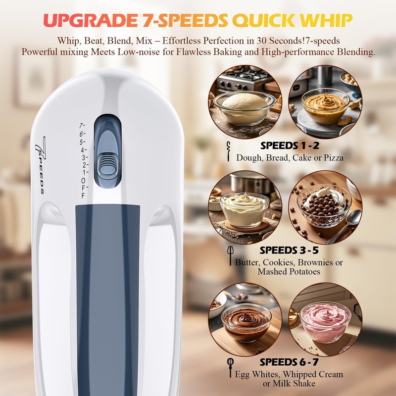 WADODO 7-Speed Electric Hand Mixer – Portable Food Mixer Kitchen Mixer with 3... gallery